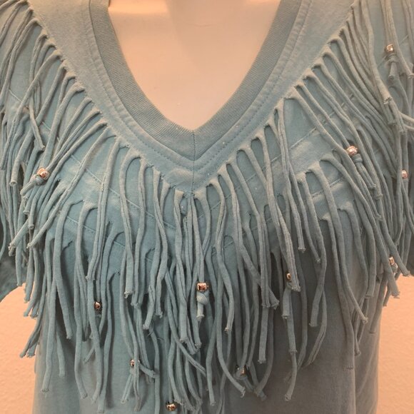 Ever Blue cotton fringe top with beads size L teal great condition - Picture 2 of 11